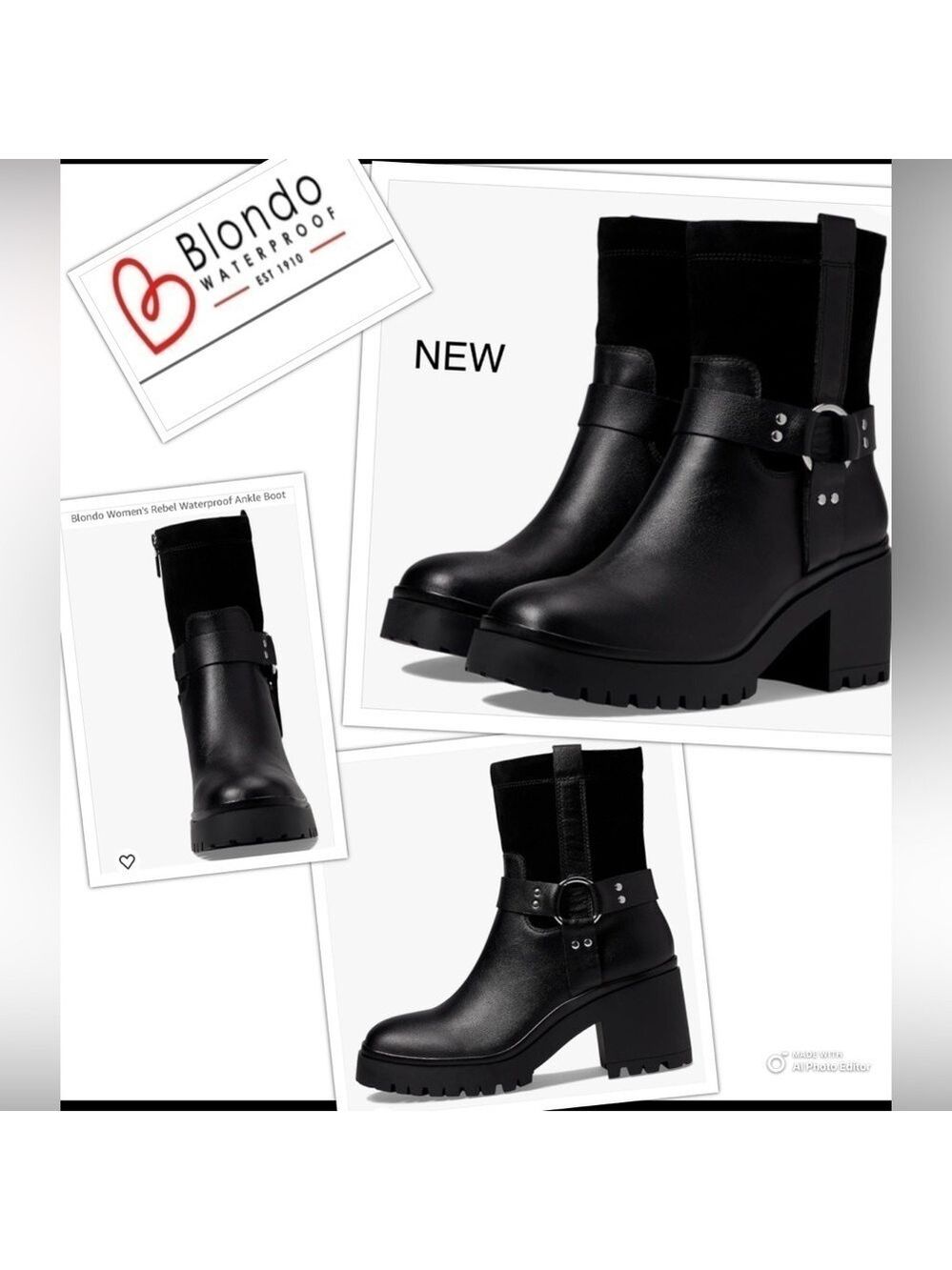 New Blondo Chunky Leather & Suede Bikercore Boots Women's 7.5 Rebel Waterproof